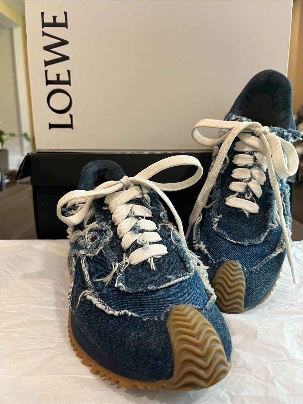 Loewe Distressed Denim Runner Sneakers in Blue with Cream Laces - Picture 2 of 12